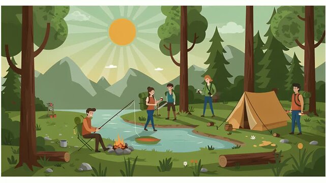 Illustrative outdoor scene depicting a camping trip with people, nature, tent, lake, and campfire