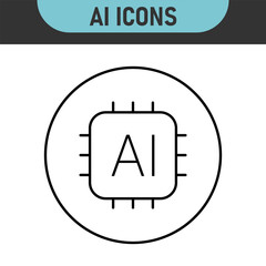 Obraz premium Set of AI icons. Artificial intelligence icon Collection. AI processor chip line icon. AI system vector icon. Color chip line icon