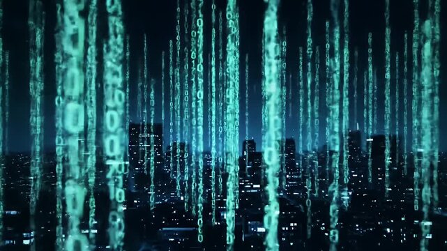 Abstract futuristic digital background showing streaming binary code similar to a matrix, symbolizing cyber technology, programming, and data systems.
