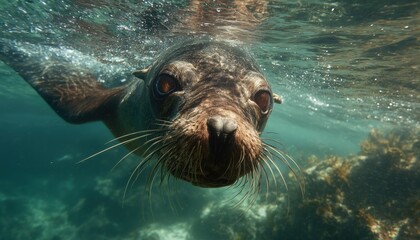 Fototapeta premium Exploring The Underwater World: Close Encounter With A Galapagos Fur Seal During A Scuba Diving Adventure Off The Coast Of Ecuador
