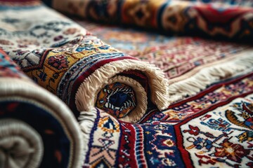 Colorful handmade rugs rolled up, showcasing intricate patterns and designs in a warm and inviting setting