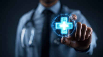 A doctor holding a digital health icon with a blue cross and a white cross inside it.
