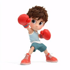 Cartoon 3D Boy Boxing with Red Gloves on White Background