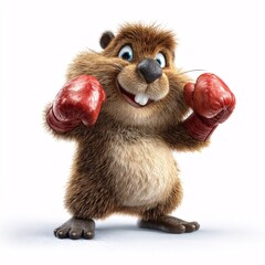 Cartoon Beaver in Boxing Gloves Ready for Play on White Background