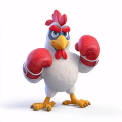 3D Cartoon Chicken Boxing Character in Playful Pose on White Background