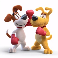 Playful Cartoon Dogs Engaged in Friendly Boxing on White Background