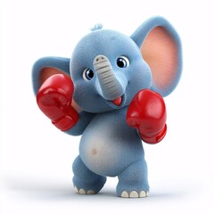 Cute 3D Cartoon Elephant in Boxing Gloves on White Background