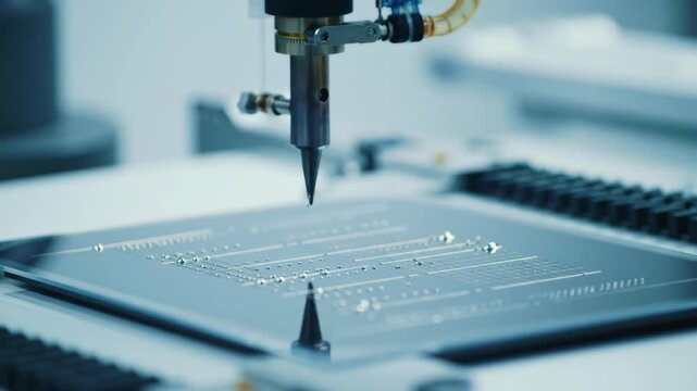 Automated precision manufacturing: Robotic arm applying solder paste to circuit board for technology, electronics production.