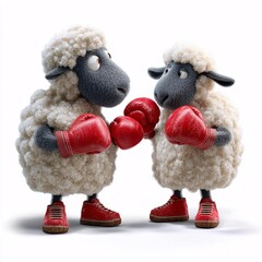Playful Cartoon Sheeps Engaged in Boxing Activity on White Background