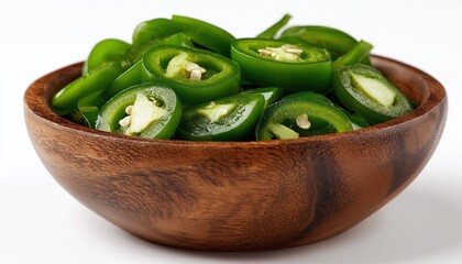 Wooden Bowl Of Sliced Jalapeno Peppers On A White Background With Fresh Green Chili Pepper - Spicy And Flavorful Ingredients.