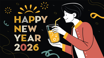 Best new year design 2026, woman with drink vector illustrator with dark black background, Celebration new year's eve. Best design of 2026 with different color combination.