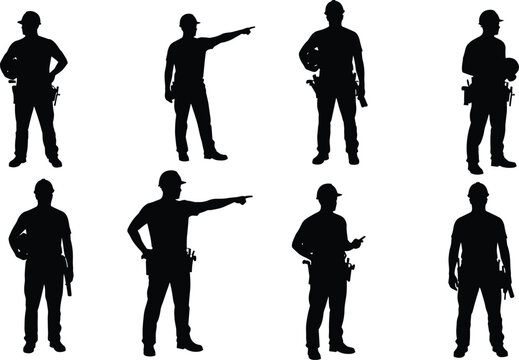 Construction worker silhouettes, industrial labor team, hard hat safety, tool belt crew, building site staff, engineering workforce, professional occupation, teamwork illustration, industry job - Powered by Adobe