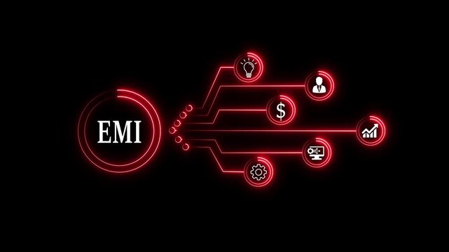 Technology concept with glowing neon circuit icons representing innovation, data flow, connectivity, and process optimization on a black background.