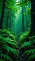 Fototapeta premium Dense foliage of dark green ferns in rainforest, foliage, canopy, forest