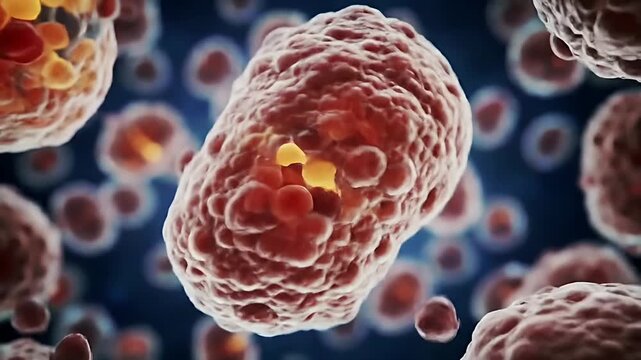 Scientific visualization of human cell mitosis under a microscope, showing organic textures and biological detail. Perfect for medical and educational visuals.