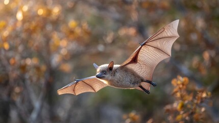 Bat in flight: autumn forest background with sunlit wings. Bat Appreciation Month