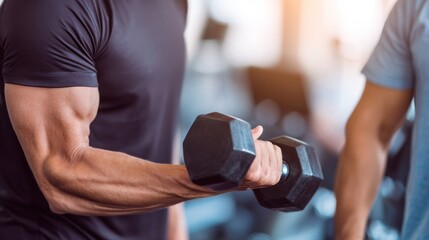 A muscular man lifting a dumbbell in a gym.