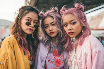 Obraz premium Stylish young asian females with colorful hair and fashionable attire