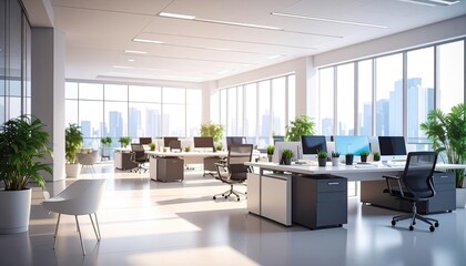 Fototapeta premium Bright, airy office space with desks, chairs, and plants