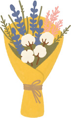 황마천으로감싼라벤더와목화꽃다발일러스트