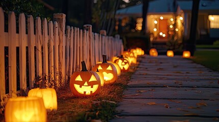 A row of lit jack-o'-lanterns on a sidewalk, with a white picket fence and a house in the background.