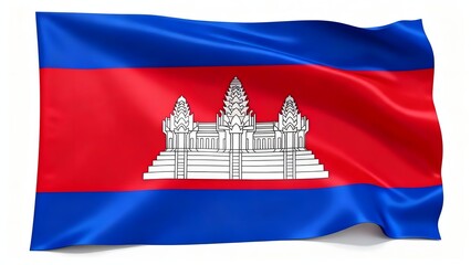 Photorealistic image of the flag of Cambodia with blue and red stripes, featuring the Angkor Wat temple in the center. Isolated on a white background.