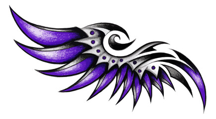 Stylized wing illustration with detailed design and purple accents on black background