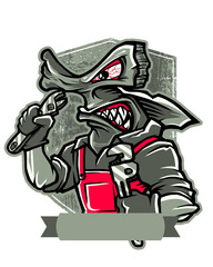 Cartoon Hammerhead Shark Plumber with Wrenches Grungy Style mechanic tool isolated on a transparent background
