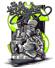 Graffiti artist with spray can and mask on city background spray paint isolated on a transparent background