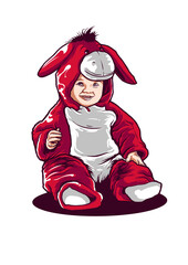 Happy Baby in Red Bunny Costume Sitting Down child infant isolated on a transparent background