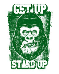 Grungy Green Gorilla Portrait with Get Up Stand Up Text animal head isolated on a transparent background