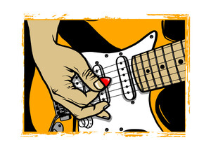 Hand strumming electric guitar with red pick on orange background playing isolated on a transparent background