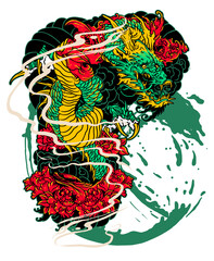 Japanese Dragon With Red Peonies And Smoke Illustration mythical creature fantasy isolated on a transparent background