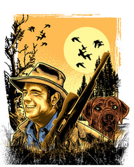 Hunter with rifle and dog at sunset with birds flying hunting isolated on a transparent background