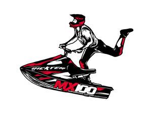 Jet Ski Rider Performing a Trick with Red and Black Graphics Keywords: jet ski, watercraft, water isolated on a transparent background