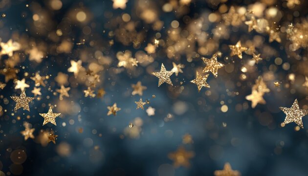 Shimmering Christmas Magic: Golden Holiday Glitter With Twinkling Stars And Blurred Bokeh In An Abstract, Festive Display Of Light.