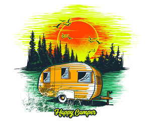 Retro Camper Van Sunset Forest Camping Adventure Illustration caravan trailer isolated on a transparent background