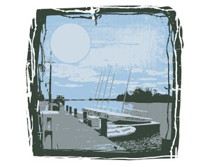 Sailboats Docked at a Marina with a Full Moon Above pier water isolated on a transparent background