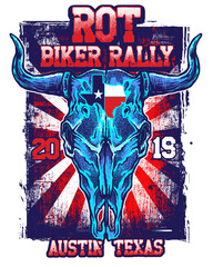 Rot Biker Rally Bull Skull Texas Flag Design motorcycle event isolated on a transparent background