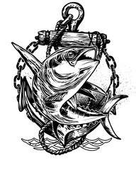 Tuna fish wrapped around anchor with chains and waves illustration seafood ocean isolated on a transparent background