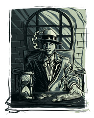 Vintage Man in Hat Smoking Cigar with Hourglass and Money retro gangster isolated on a transparent background