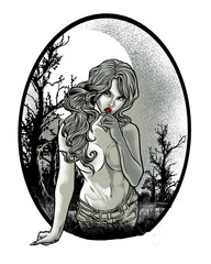 Vampire woman with long hair holding a lollipop in a graveyard Keywords: vampire, woman, female isolated on a transparent background