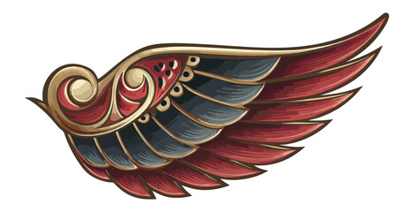 Decorative wing illustration with gold and red feathers