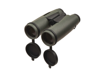 Modern green military-style binoculars with black rubber lens caps hanging down