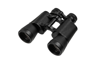 A pair of black textured binoculars with an angled view, isolated on a white back