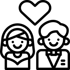 Simple Icon of a Happy Bride and Groom in Formal Attire with a Heart Symbol Overhead Against a Transparent Background Representing Marriage and Love in a Clean Outline Style