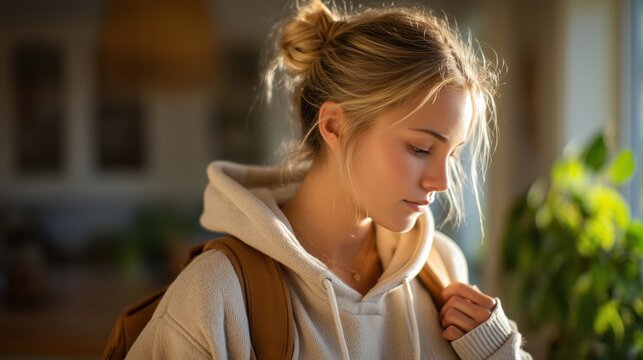 Thoughtful young woman in a cozy indoor setting - Powered by Adobe