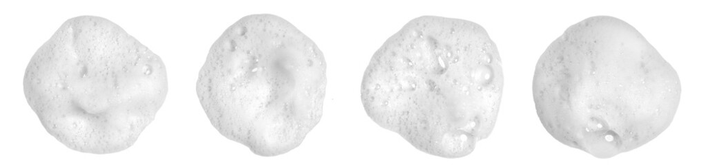 Set of white soap foam bubbles isolated on white background, representing cleanliness, freshness, and skincare. Perfect for cosmetic branding, hygiene design, or cleaning product visuals.