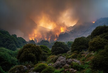 Forest fire burning through trees at dusk with orange flames and heavy smoke filling woodland mountain area