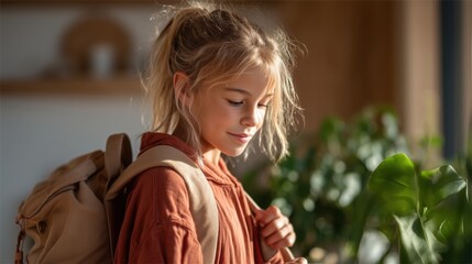 Young girl in cozy indoor setting with greenery